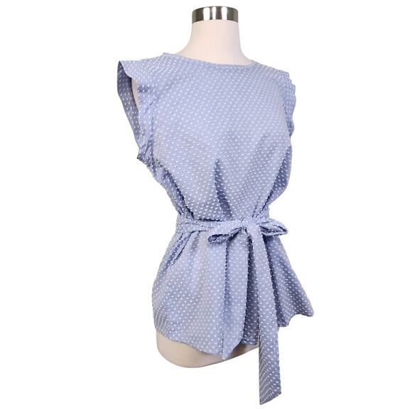 LOFT Womens Swiss Dot Tie Waist Blouse Size Medium Blue White Cotton Lagenlook - Picture 1 of 9